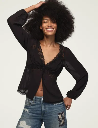 Lucky Brand Women's Long Sleeve Lace Cutaway Top In Black