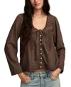 Lucky Brand Lace Trim Long Sleeve Swing Top In Brown
