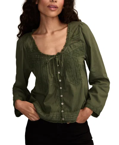 Lucky Brand Lace Trim Long Sleeve Swing Top In Green