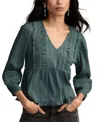 Lucky Brand Lace Accent Cotton Peplum Top In Green