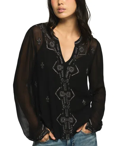 Lucky Brand Women's Long-sleeve V-neck Beaded Blouse In Black