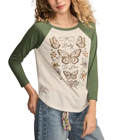 Lucky Brand Women's Lucky In Love Butterfly T-shirt With Raglan Sleeves In Green