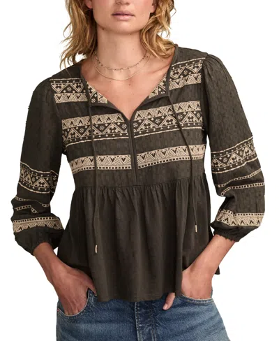 Lucky Brand Women's Mixed Trim Peasant Top In Black