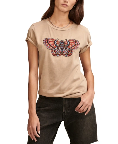 Lucky Brand Women's Multi-color-butterfly-graphic Classic Cotton T-shirt In Light Taupe