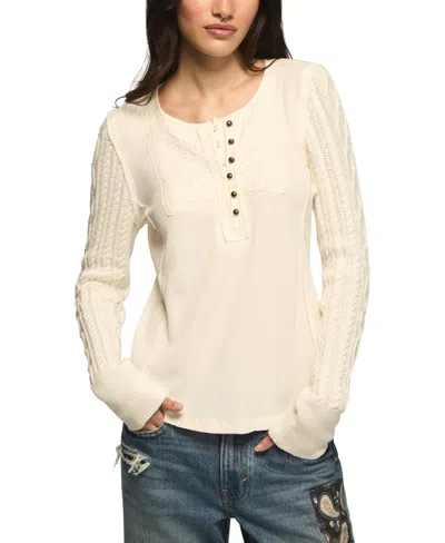 Lucky Brand Women's Pintuck Henley Cable-knit Sweater In Gardenia