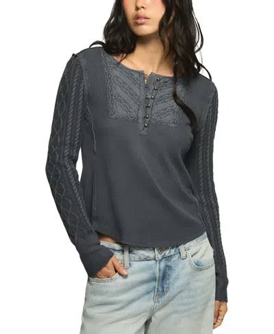 Lucky Brand Women's Pintuck Henley Cable-knit Sweater In India Ink