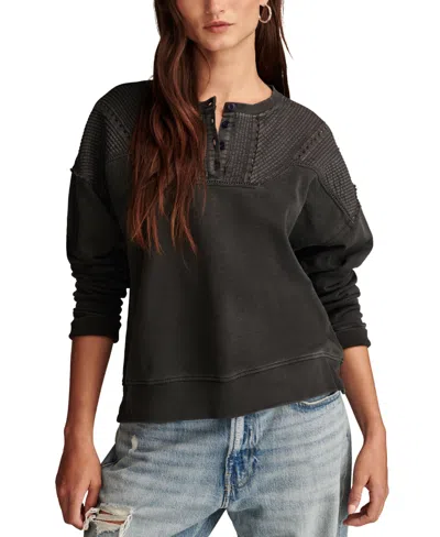 Lucky Brand Women's Pintucked-yoke Henley Sweatshirt In Caviar