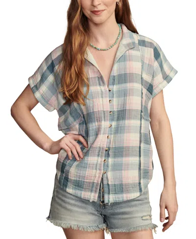 Lucky Brand Women's Plaid Cotton Short-sleeve Beach Shirt In Teal Multi