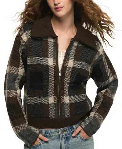 Lucky Brand Women's Plaid Long-sleeve Loose-fit Bomber Sweater In Brown