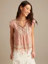 Lucky Brand Printed Split Neck Cotton Top In Multi