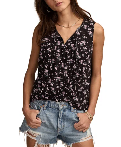 Lucky Brand Women's Printed Cotton Tie-neck Lace-trim Top In Multi