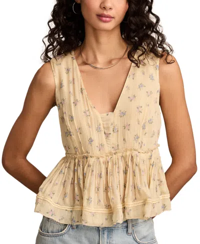 Lucky Brand Women's Printed Ruched Ruffled V-neck Top In Cream Floral
