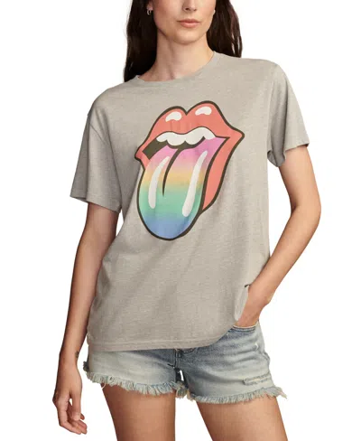 Lucky Brand Women's Rolling Stones Rainbow Tongue Boyfriend Tee In Light Heather Gray