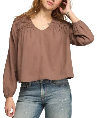 Lucky Brand Women's Ruched Floral-print Peasant Blouse In Brown