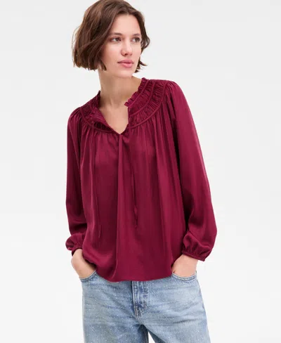 Lucky Brand Women's Ruched Long-sleeve Peasant Top In Burgundy