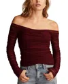 Lucky Brand Square Neck Long Sleeve Ruched Top In Windsor Wine
