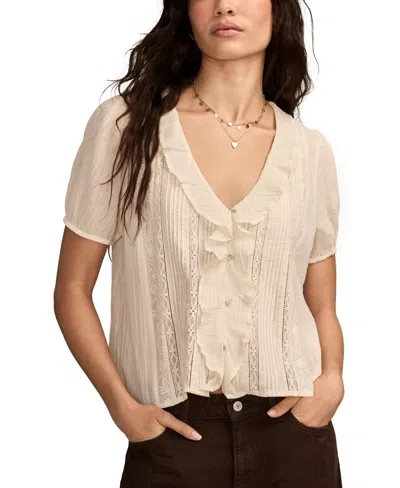 Lucky Brand Women's Ruffle-front Pintuck Short-sleeve Cotton Blouse In Gray