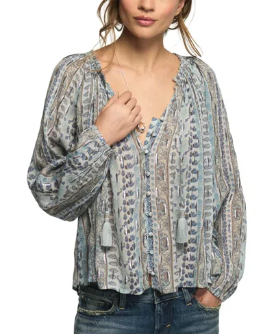 Lucky Brand Women's Shine Long-sleeve V-neck Print Blouse In Blue