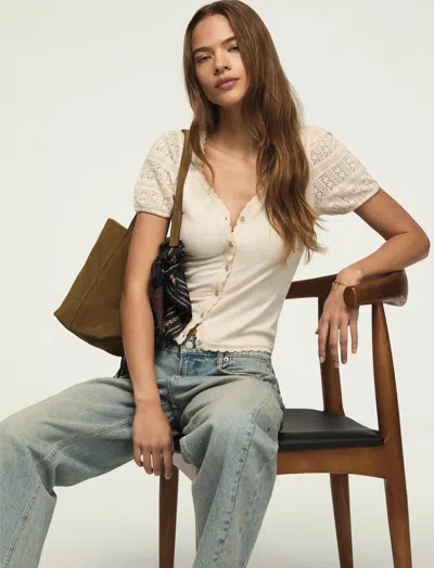 Lucky Brand Women's Short Sleeve Button Through Top In White