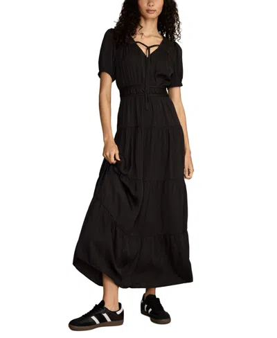 Lucky Brand Women's Short-sleeve Crinkle Maxi Dress In Black