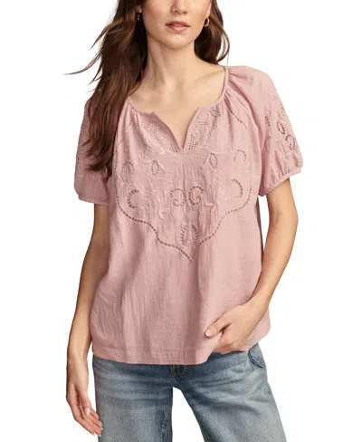Lucky Brand Women's Short-sleeve Cutwork Cotton Peasant Top In Mauve Shadows