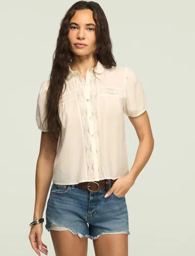 Lucky Brand Women's Short Sleeve Embroidered Peter Pan Peasant Top In White