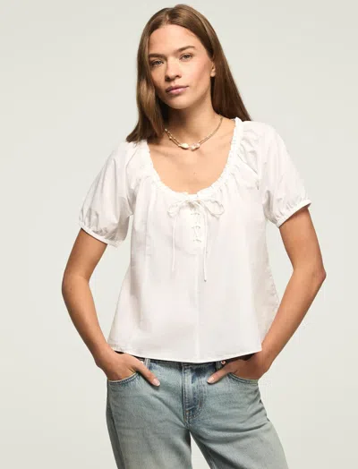 Lucky Brand Women's Short Sleeve Tie Neck Blouse In White
