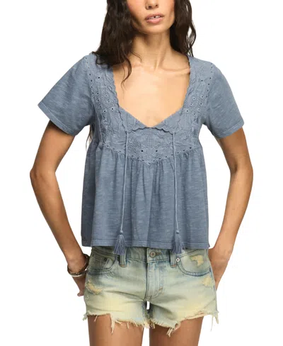 Lucky Brand Women's Short-sleeve Embroidered Yoke Tassel Top In Gray