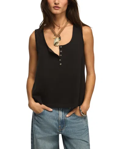 Lucky Brand Women's Sleeveless Crochet Trim Henley Tank Top In Black