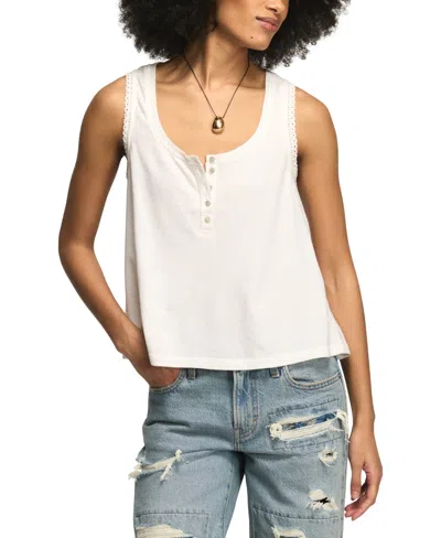 Lucky Brand Women's Sleeveless Crochet Trim Henley Tank Top In White