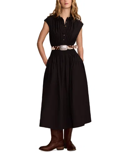 Lucky Brand Women's Solid Smocked Dropped-waist Midi Dress In Caviar