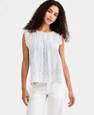 Lucky Brand Women's Striped Cotton Linen Sleeveless Top In White