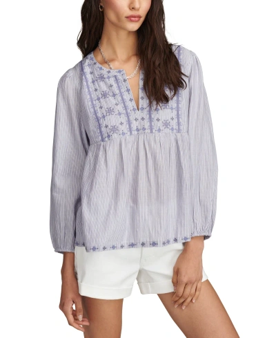 Lucky Brand Women's Striped Cotton Notched-neck Peasant Blouse In Blue Stripe