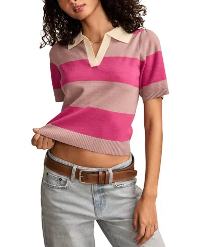 LUCKY BRAND WOMEN'S STRIPED SHORT-SLEEVE RIBBED-HEM POLO TOP
