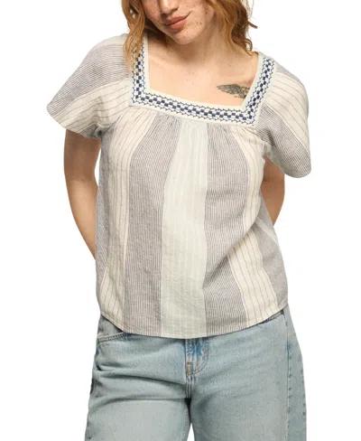 Lucky Brand Women's Striped Square Neck Embroidered Top In Blue