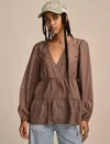 Lucky Brand Stripe Surplice Neck Tiered Top In Beige