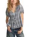 Lucky Brand Women's V-neck Cotton Ruffle-trim Pintuck Blouse In Blue