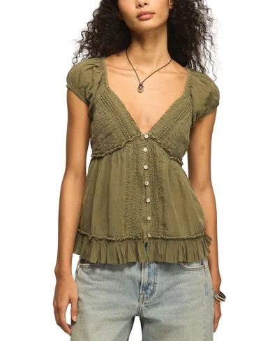 Lucky Brand Pleated Lace Trim Plunge Neck Babydoll Top In Green