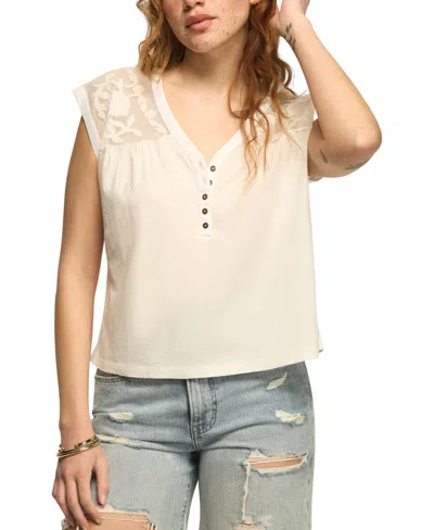Lucky Brand Women's V-neck Mesh Embroidered Yoke T-shirt In Neutral