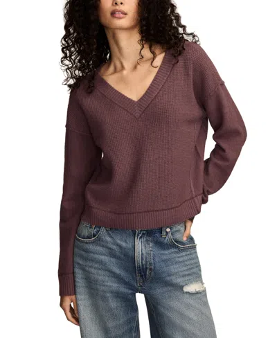 Lucky Brand Waffle Knit V-neck Sweater In Burgundy