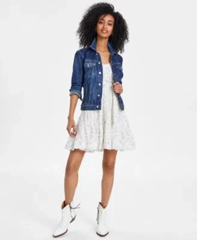 Lucky Brand Womens Cotton Denim Trucker Jacket Sweetheart Neck Cinched Bodice Mini Dress In White