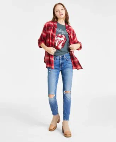 Lucky Brand Womens Cotton Rolling Stones Boyfriend Tee Cloud Plaid Boyfriend Shirt Ava Mid Rise Ripped Skinny Je In Black