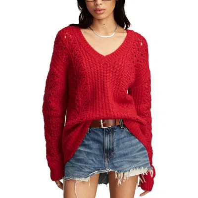Lucky Brand Womens Crochet Cable Knit V-neck Sweater In Jester Red