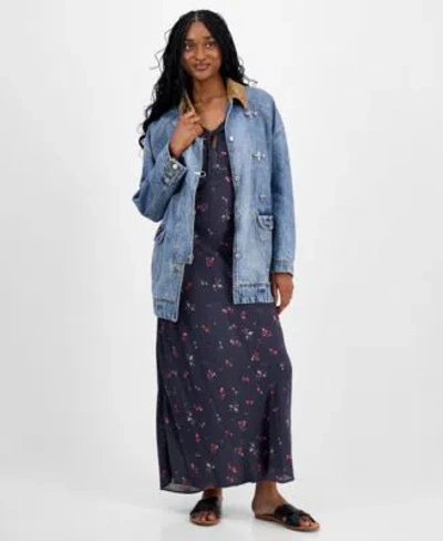 Lucky Brand Womens Denim Barn Jacket Floral Print Slip Dress In Multi