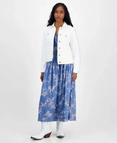 Lucky Brand Womens Denim Trucker Jacket Floral Print Midi Dress In White
