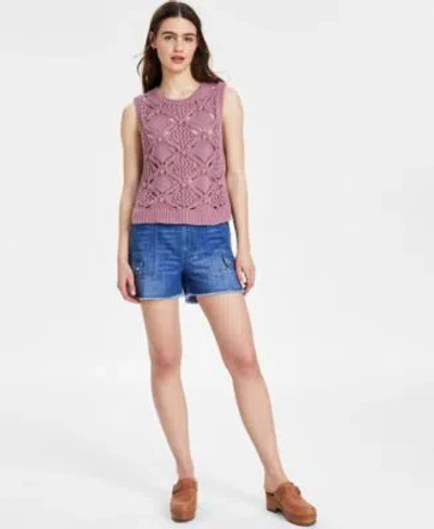 Lucky Brand Womens Diamond Crochet Cotton Sweater Vest Cotton Mid Rise Cargo Shorts In Pink