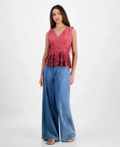 Lucky Brand Womens Sleeveless Ruched Side Tie Top Wide Leg Palazzo Jeans In Dry Rose