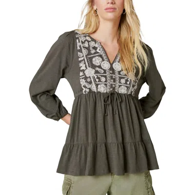 Lucky Brand Womens Split Neck Tie Front Peasant Top In Green