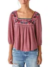 LUCKY BRAND WOMENS SQUARE NECKLINE EMBROIDERED PEASANT TOP