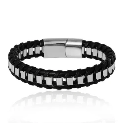 Lucky Brand Woven & Stainless Link Bracelet, Black, Magnetic Clasp